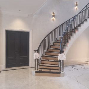 Residential Oak handrail & doors, matching stain dark grey lacquered