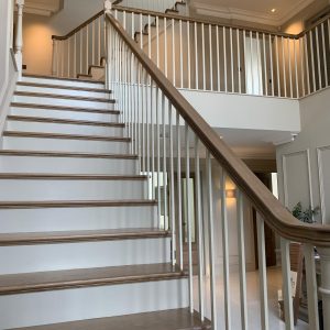 Oak staircase treads & handrails light grey lacquered