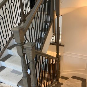 Oak staircase handrails & treads stripped of paint, stained and polished to a mid grey colour